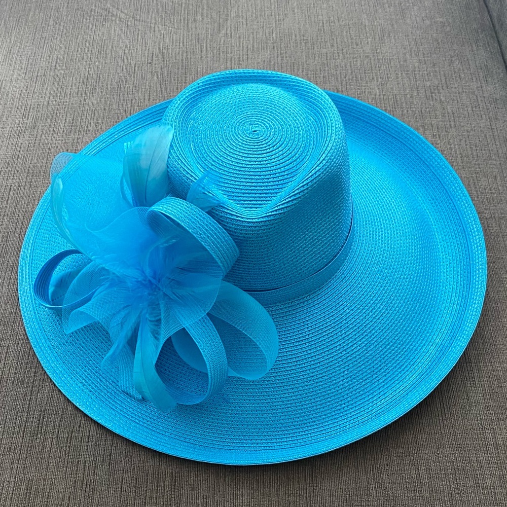 Elegant Blue Wide-Brim Dress Hat with Decorative Bow